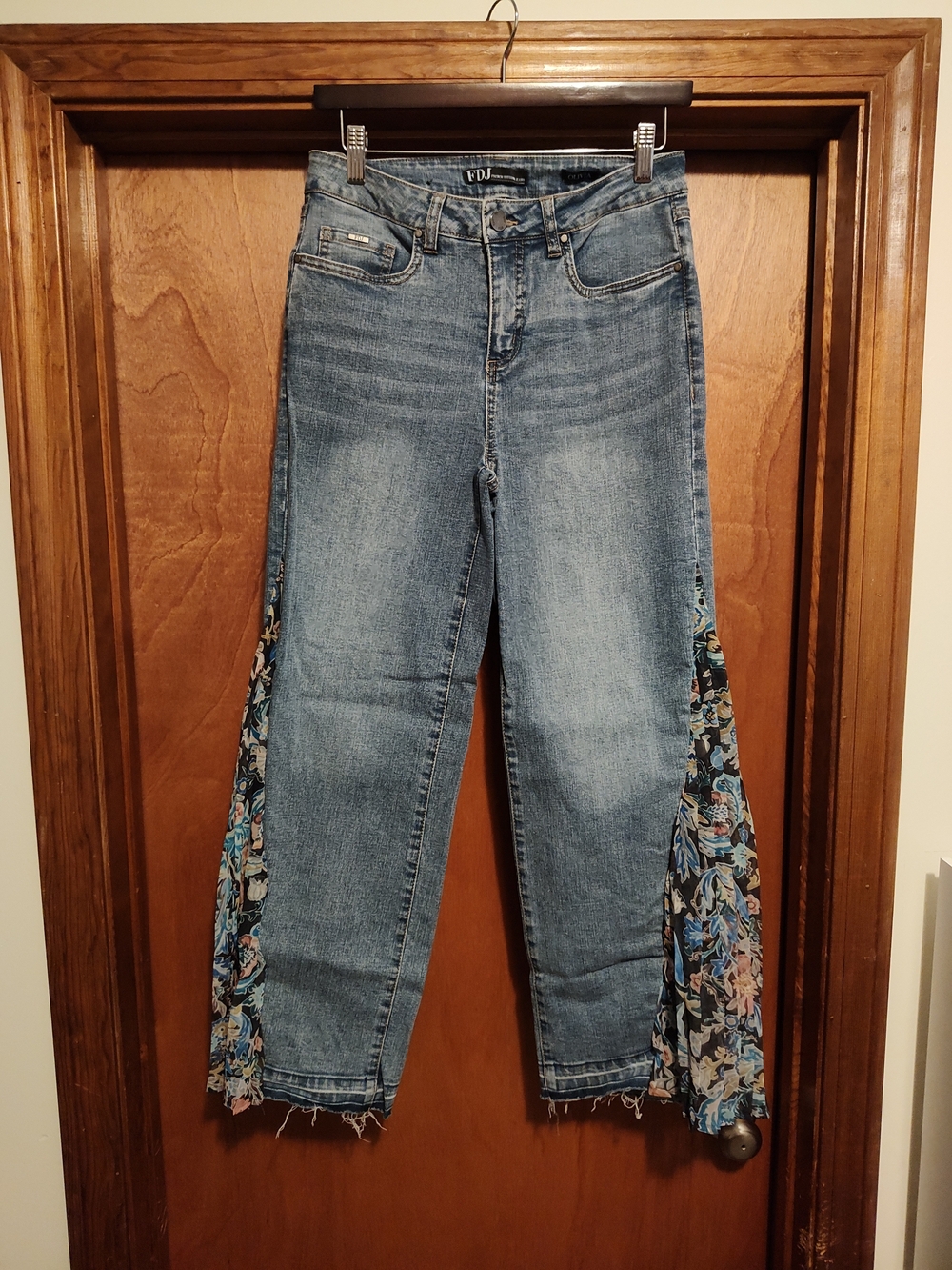 FDJ Blue Denim Wide-Leg Jeans with Floral Side Panels